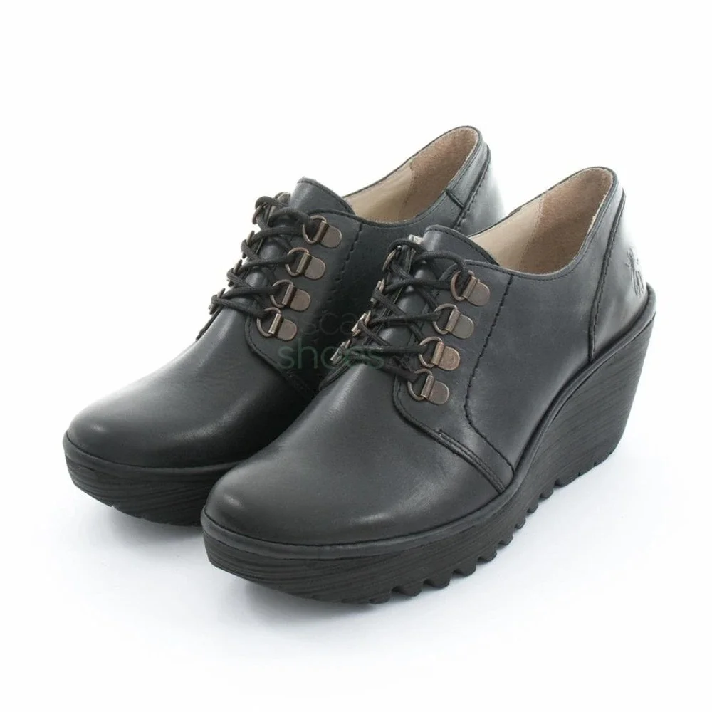 FLY LONDON Yill773 Black P500773000 Lace Up Wedge Booties Size 42 Artsy Boho
